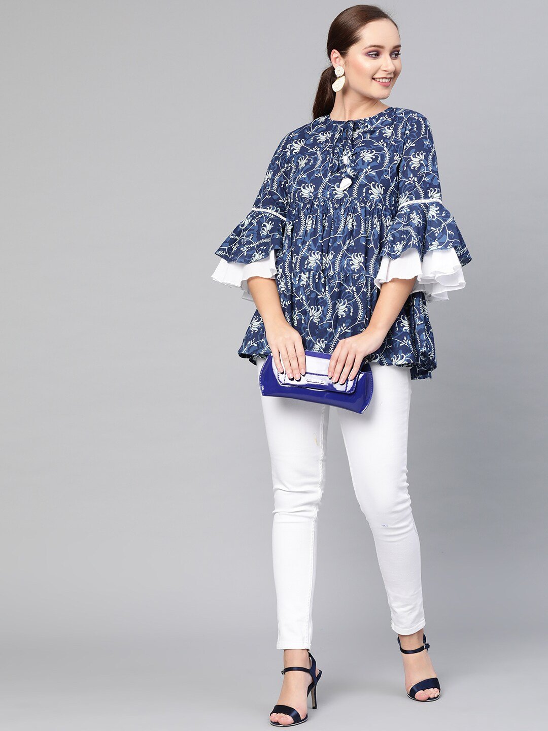 Women's  Navy Blue & White Printed A-Line Tunic