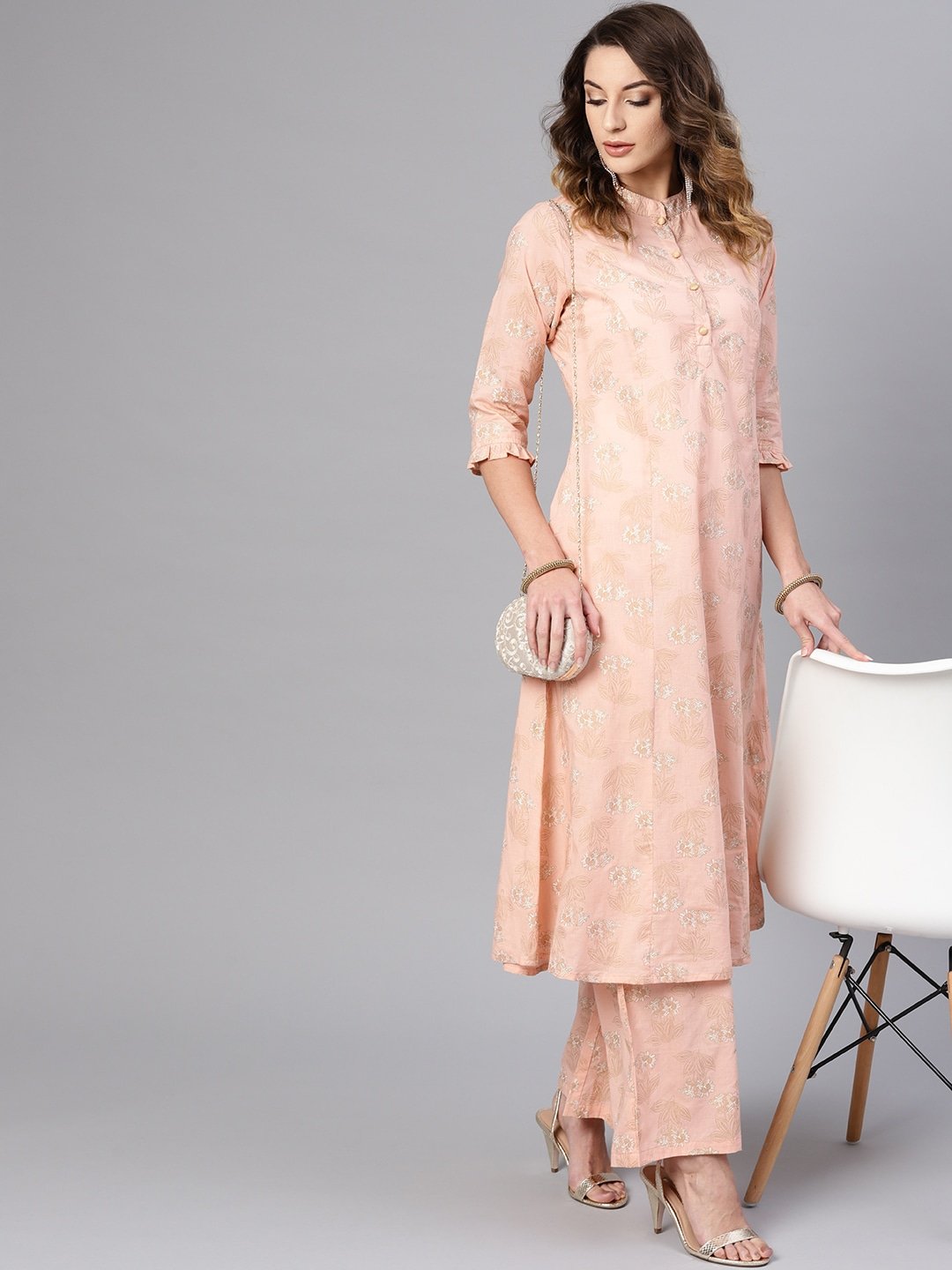 Women's  Peach-Coloured & Golden Floral Print A-Line Kurta