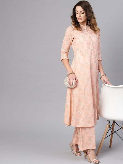 Women's  Peach-Coloured & Golden Floral Print A-Line Kurta