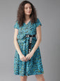 Women's  Blue & Black Leopard Print A-Line Dress with Pouch