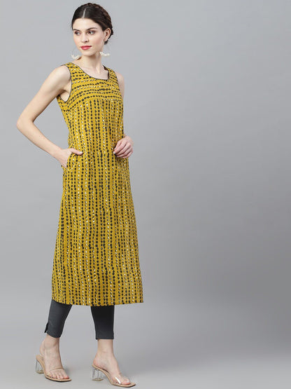 Women's  Mustard & Grey Striped Straight Kurta