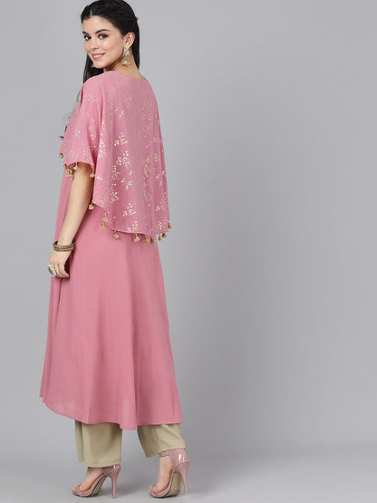 Women's  Mauve & Gold-Coloured Printed Anarkali Kurta