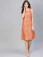 Women's  Orange & Teal Green Printed A-Line Dress