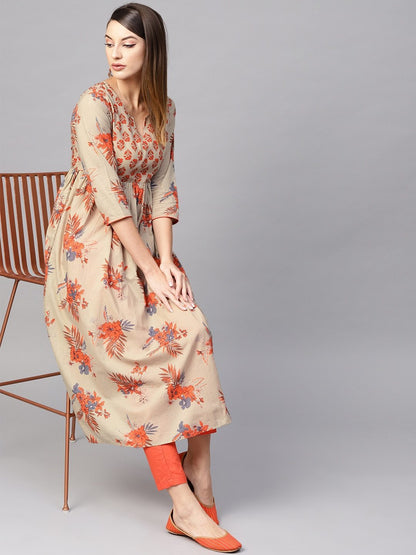 Women's  Beige & Orange Floral Printed A-Line Kurta