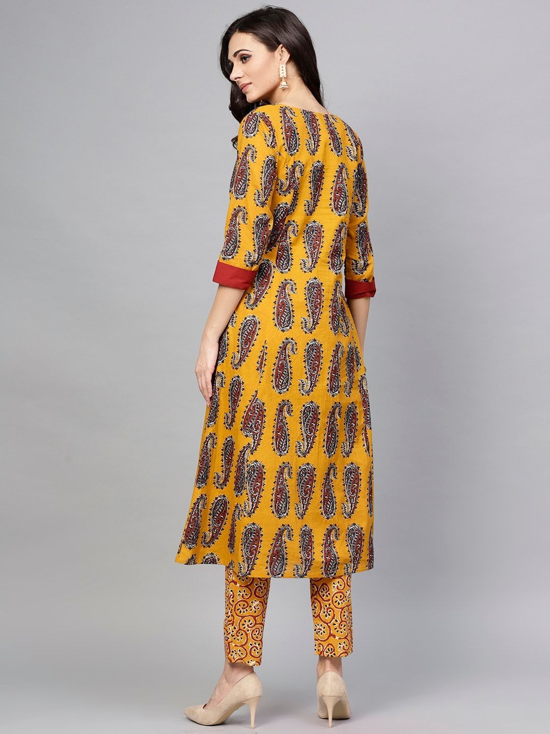 Women's  Mustard Yellow & Maroon Printed Kurta with Trousers
