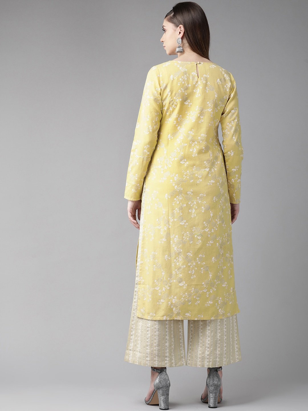Women's  Yellow & White Floral Print Straight Kurta