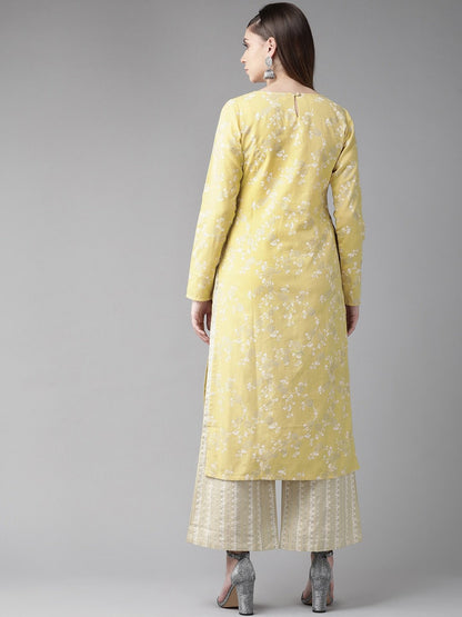 Women's  Yellow & White Floral Print Straight Kurta