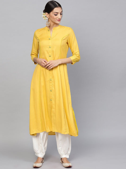 Women's  Mustard Yellow Solid A-Line Kurta