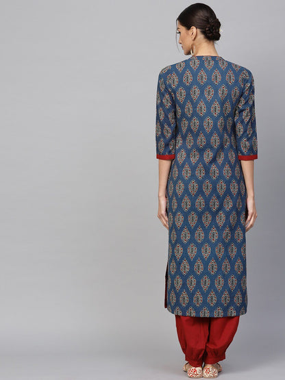 Women's  Navy Blue & Maroon Printed Kantha Work Straight Kurta