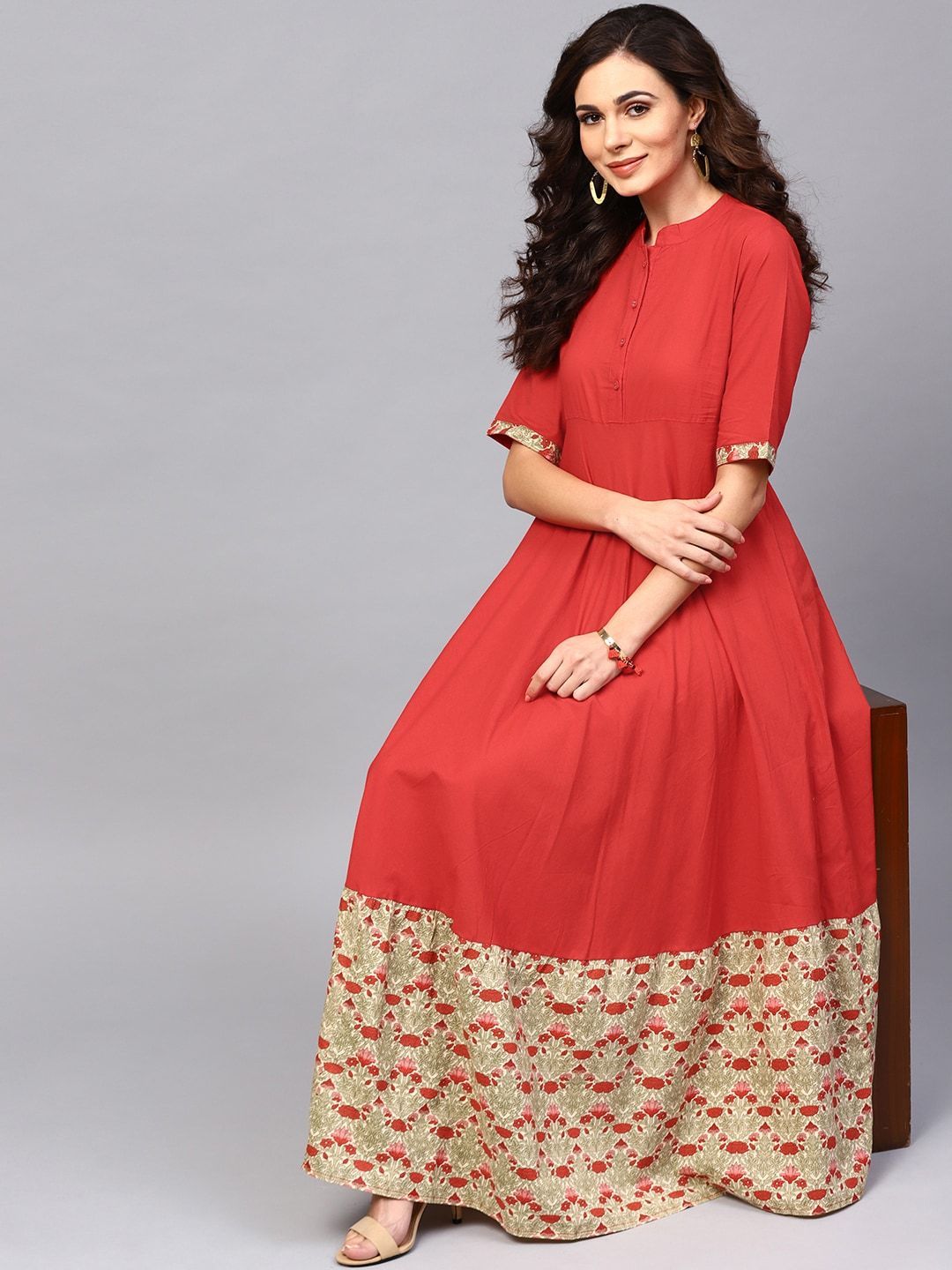 Women's  Red Solid Maxi Dress