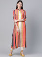 Women's  Orange & Black Striped Open Front Long Ethnic Jacket