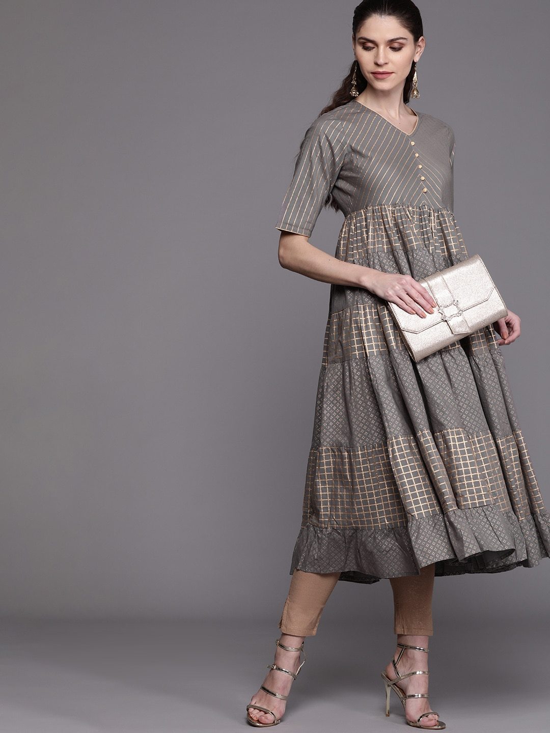 Women's  Grey & Golden Printed Tiered Anarkali Kurta