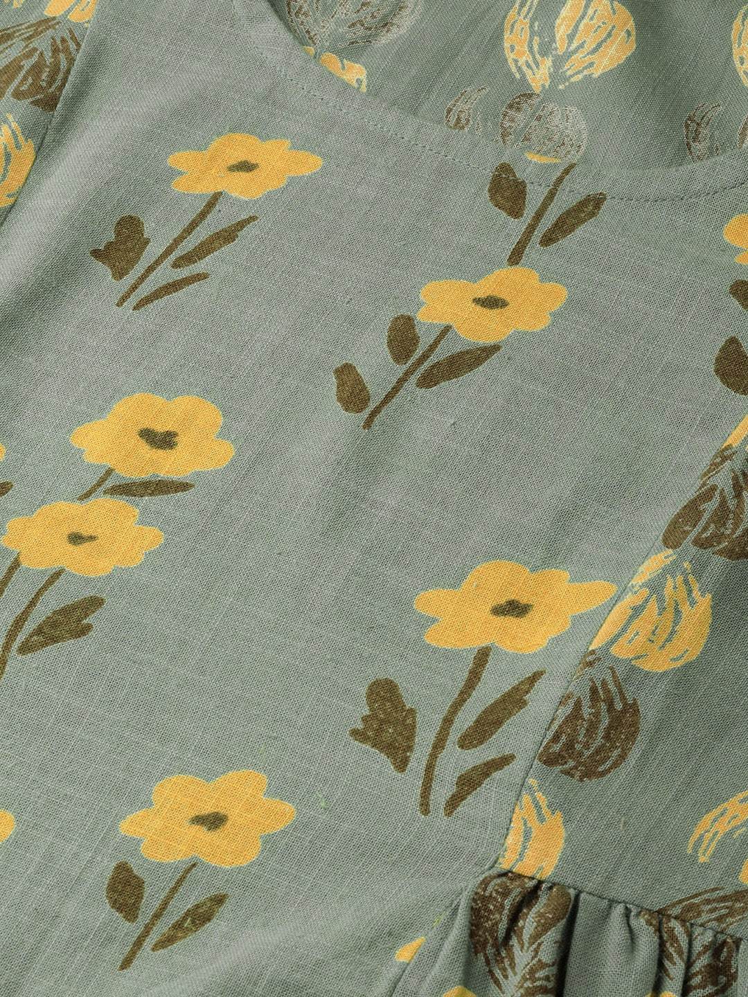 Women's  Green & Yellow Printed A-Line Dress