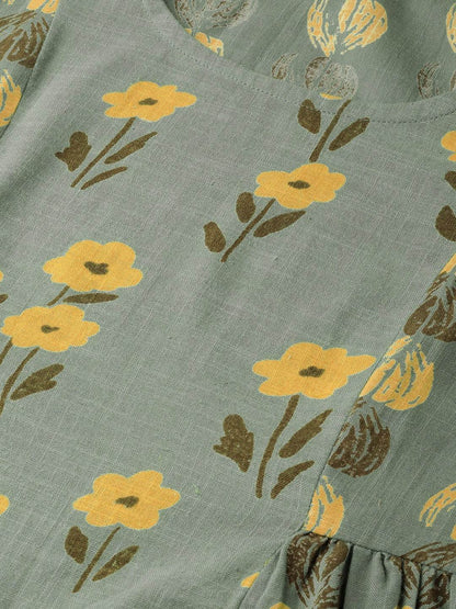 Women's  Green & Yellow Printed A-Line Dress