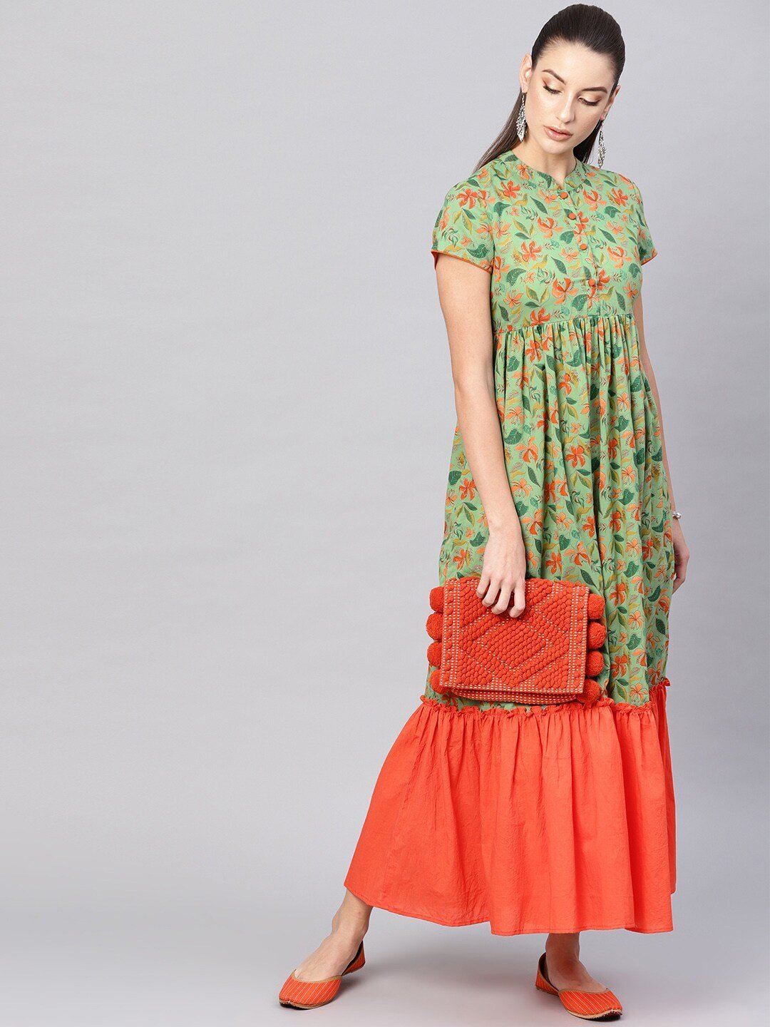 Women's  Green & Orange Floral Printed Maxi Dress