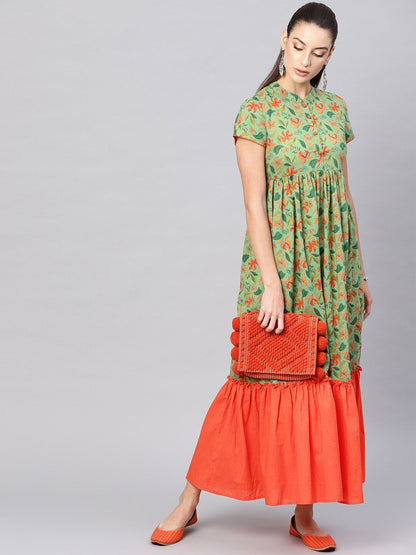 Women's  Green & Orange Floral Printed Maxi Dress