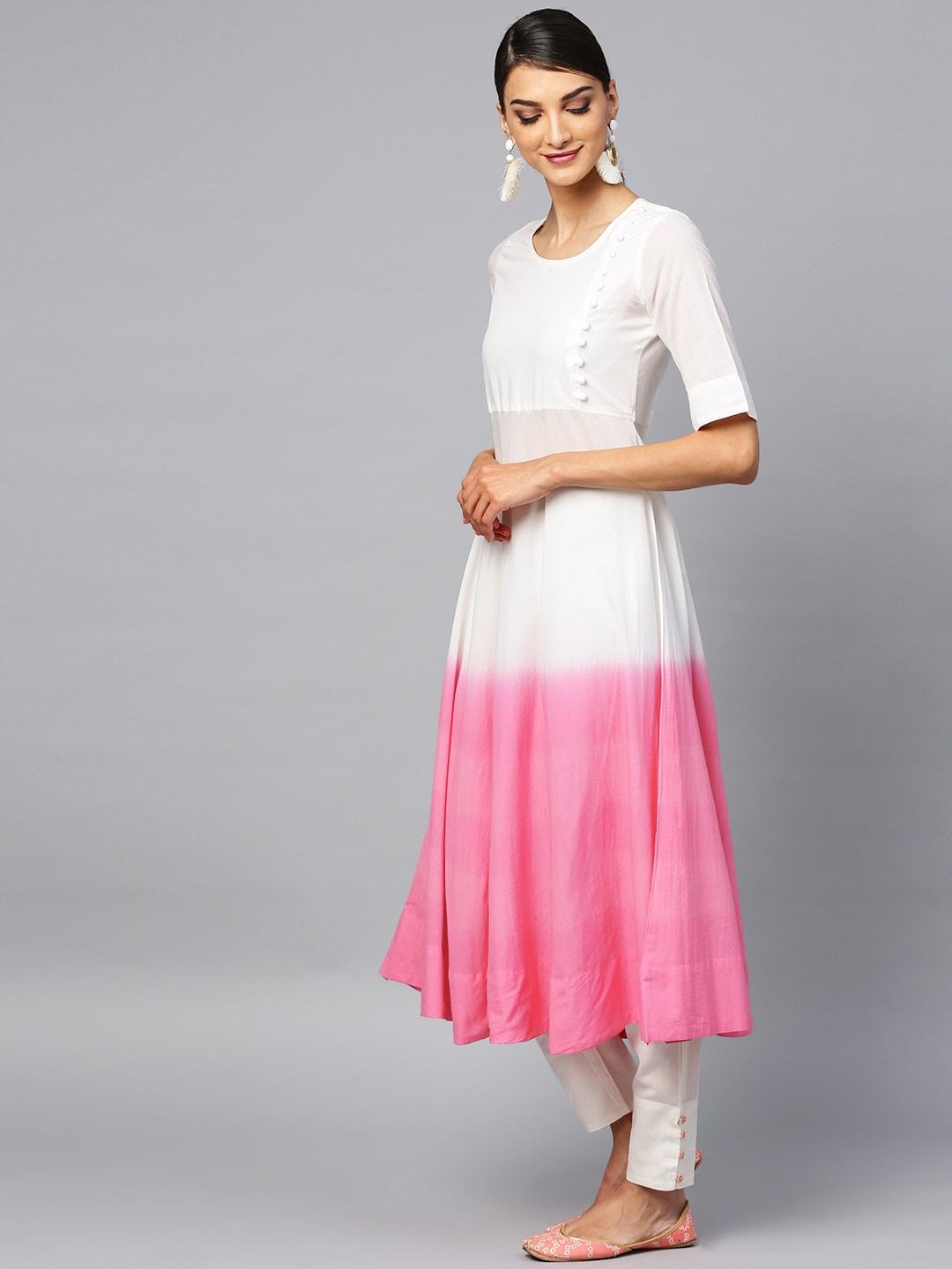 Women's  Pink & White Dyed Kurta with Trousers & Dupatta