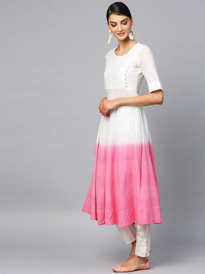 Women's  Pink & White Dyed Kurta with Trousers & Dupatta