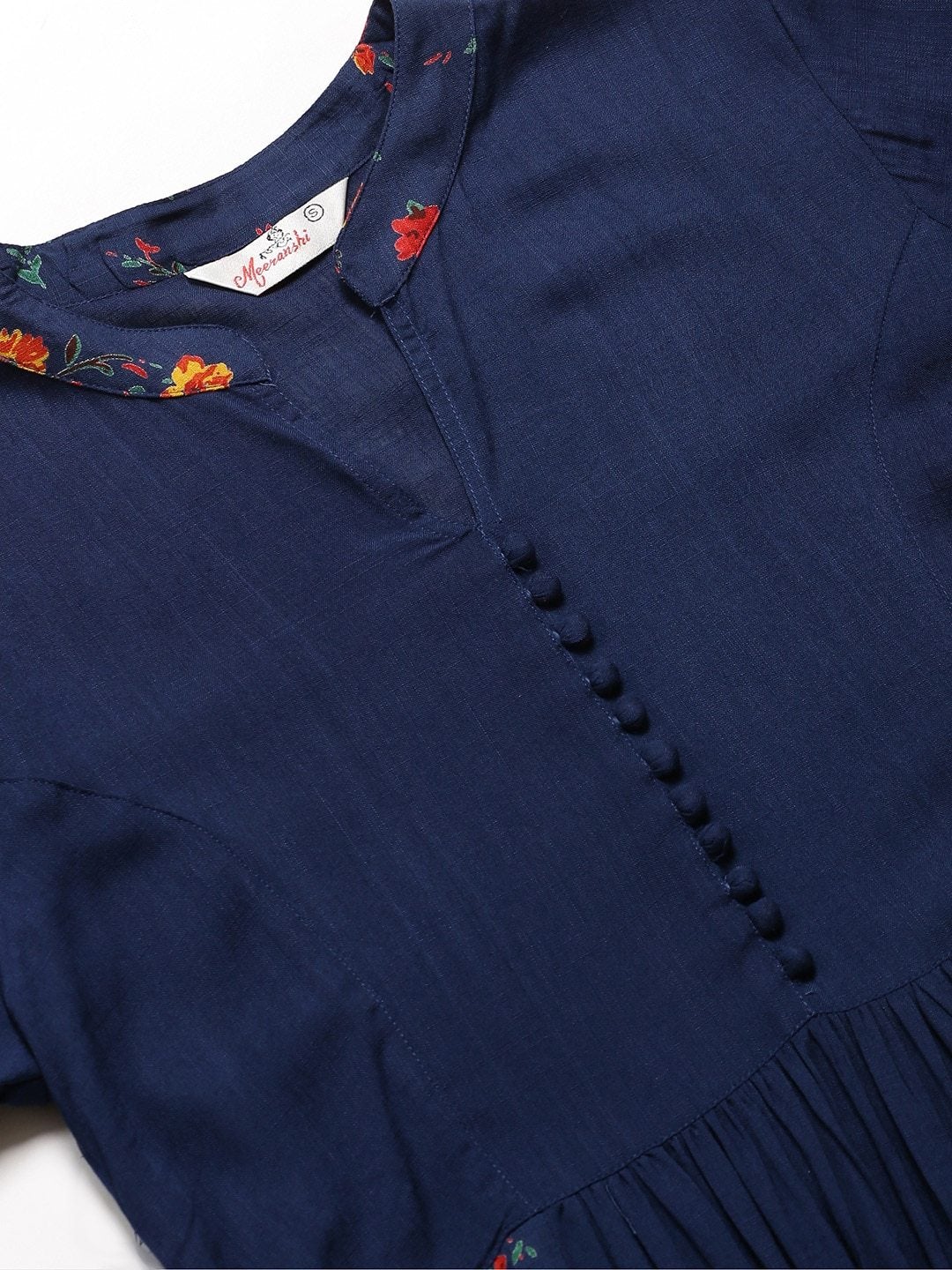 Women's Navy Blue & Red Floral Print Detail A-Line Kurta