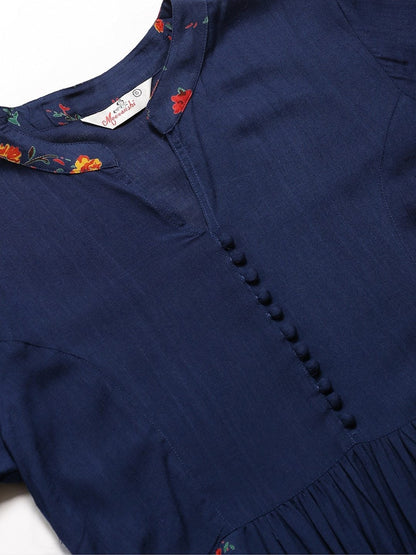 Women's Navy Blue & Red Floral Print Detail A-Line Kurta