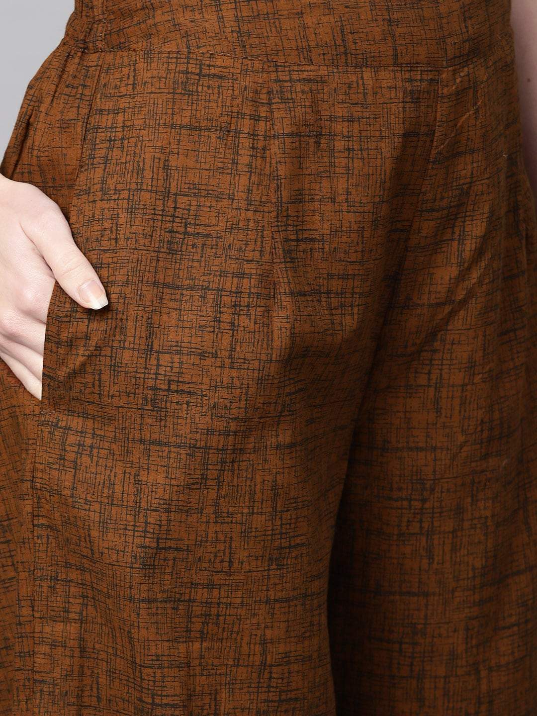 Women's  Mustard Brown & Black Self-Checked Kurta with Palazzos