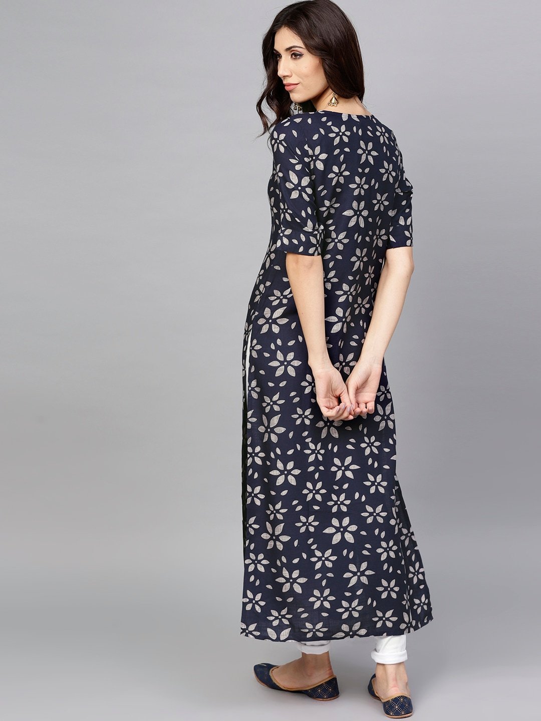 Women's  Navy Blue & Grey Printed Straight Kurta