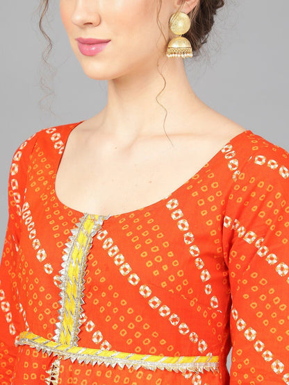 Women's  Orange & White Bandhani Printed A-Line Kurta