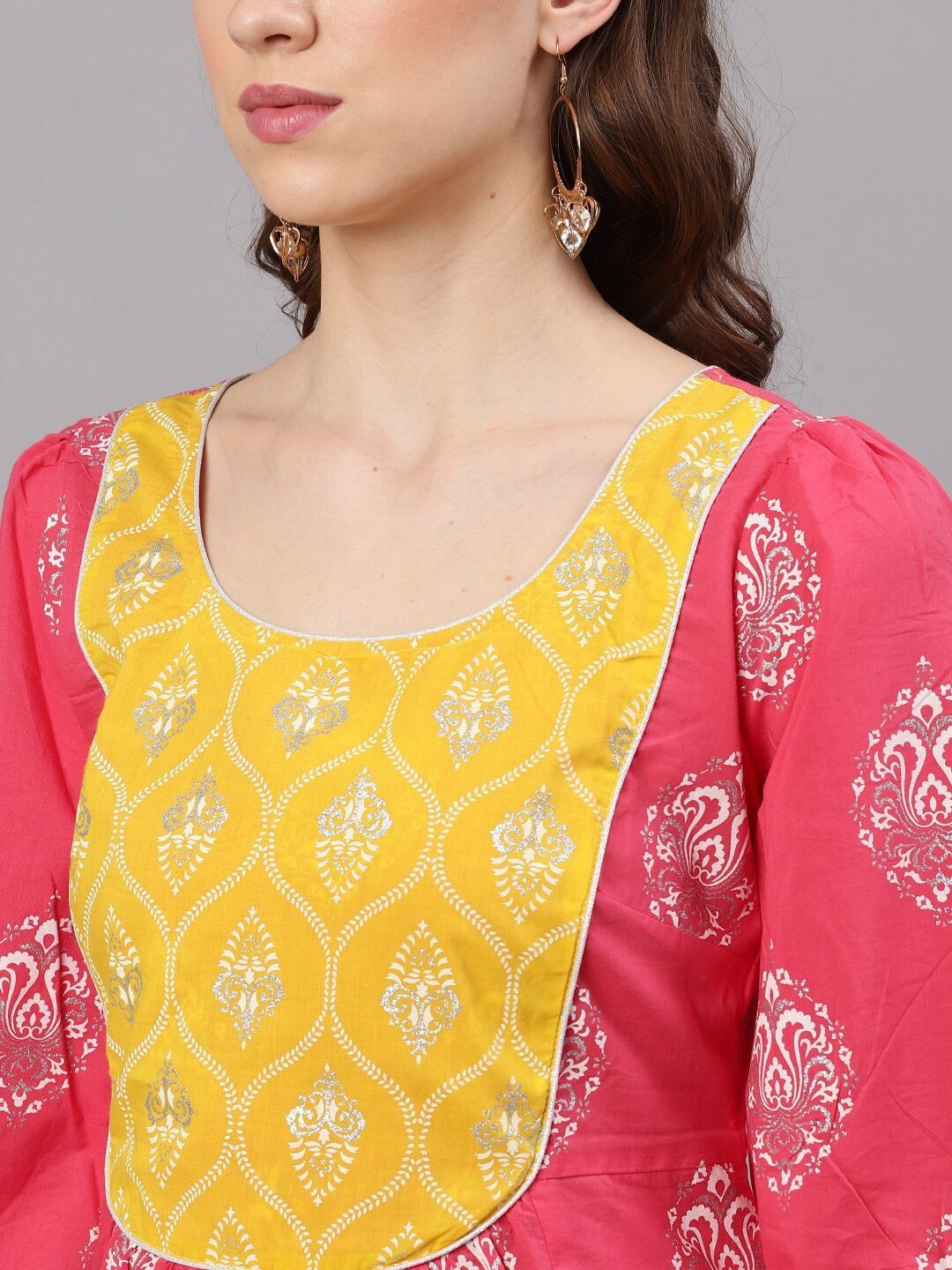 Women's  Pink & Yellow Yoke Design Anarkali Kurta