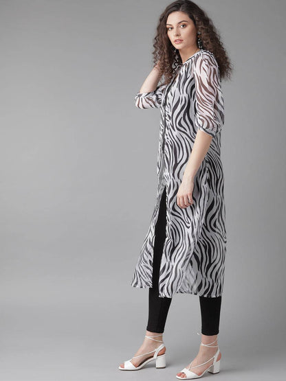 Women's  White & Black Animal Printed Open Front Shrug