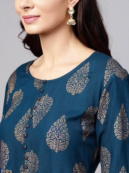 Women's  Teal Blue & Golden Printed A-Line Kurta