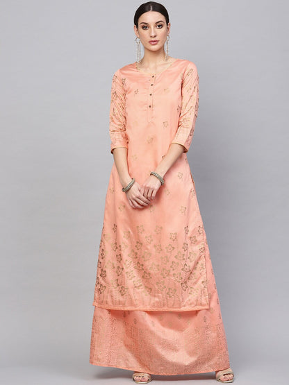 Women's Peach Gold Printed Kurta With Skirt