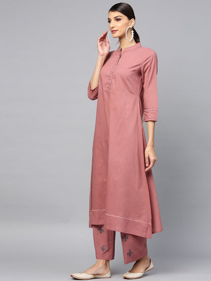 Women's  Mauve & White Dyed Kurta with Trousers & Dupatta