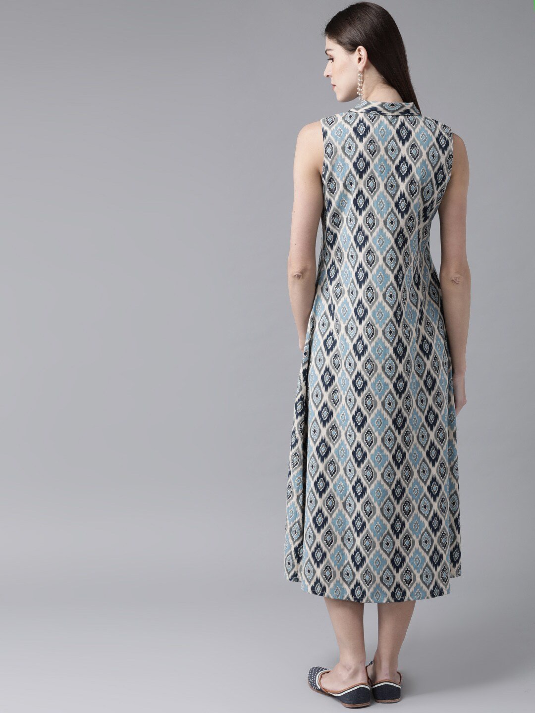 Women's  Blue & Off-White Printed Shirt Dress