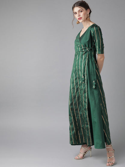 Women's  Green & Golden Striped Wrap Maxi Dress