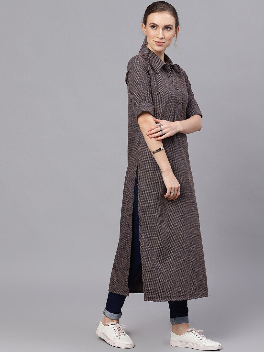 Women's  Blue & Grey Woven Design Pathani Kurta