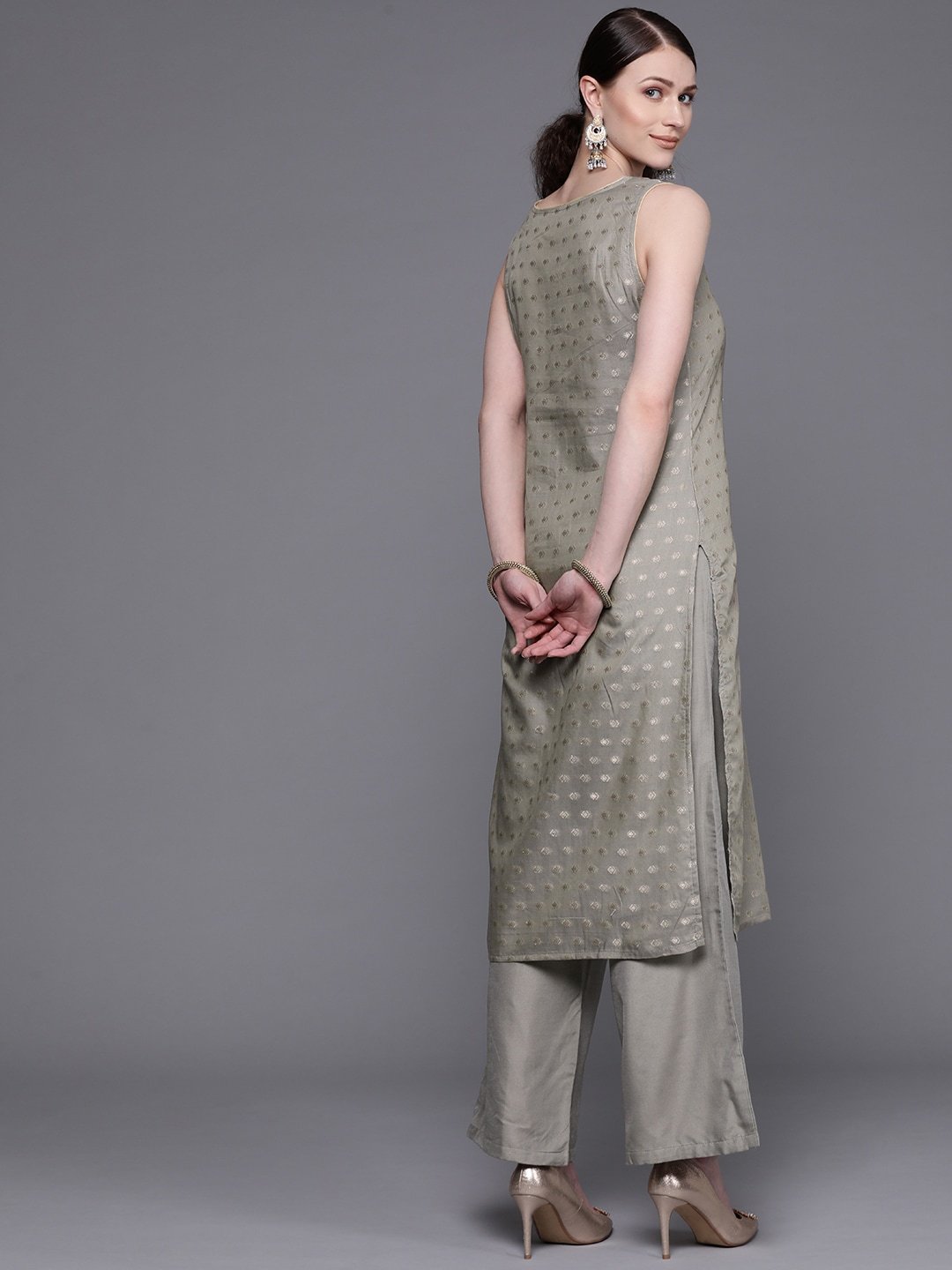 Women's  Grey & Golden Woven Design Kurta with Palazzos