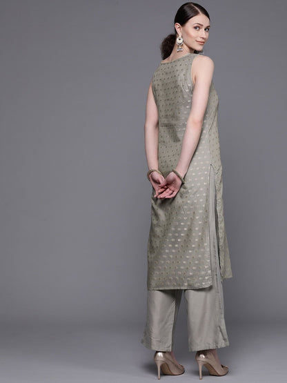 Women's  Grey & Golden Woven Design Kurta with Palazzos