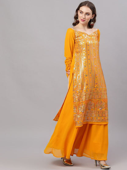Women's  Yellow & Gold-Toned Embroidered Made To Measure Kurta with Palazzos