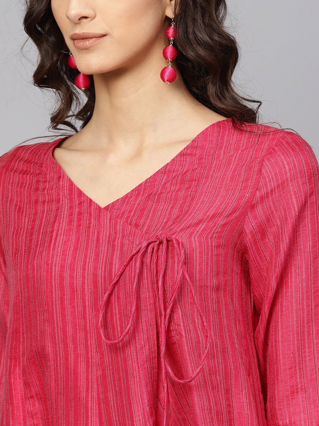 Women's  Pink Striped Angrakha A-Line Kurta