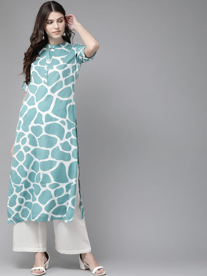 Women's  Blue & White Giraffe Print Straight Kurta