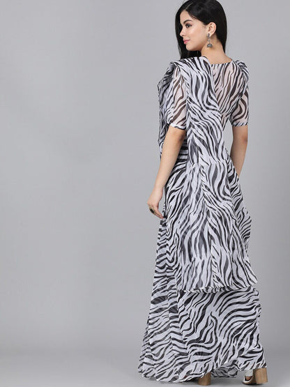 Women's Black & White Organza Animal Printed Saree