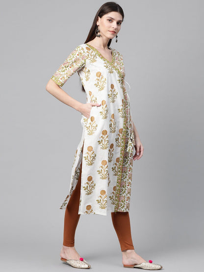Women's  White & Green Angrakha Printed Straight Kurta