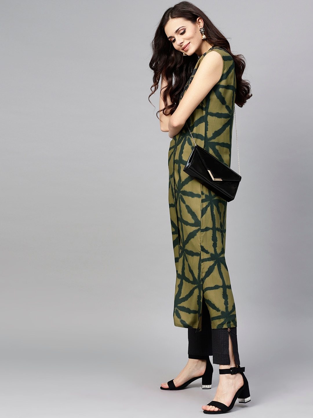Women's  Olive Green Printed Sleeveless Straight Kurta