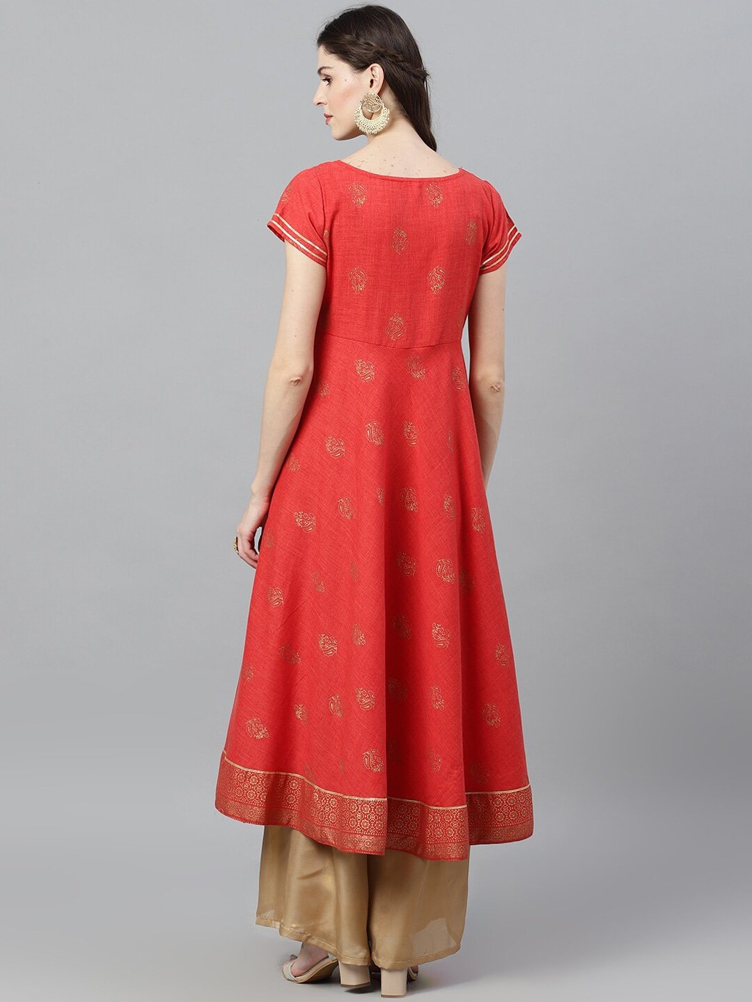 Women's  Red & Gold-Toned Woven Design Anarkali Kurta