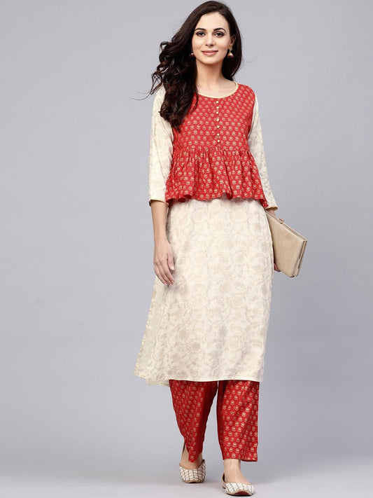 Women's  Off-White & Red Printed Layered Kurta