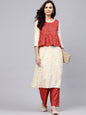 Women's  Off-White & Red Printed Layered Kurta