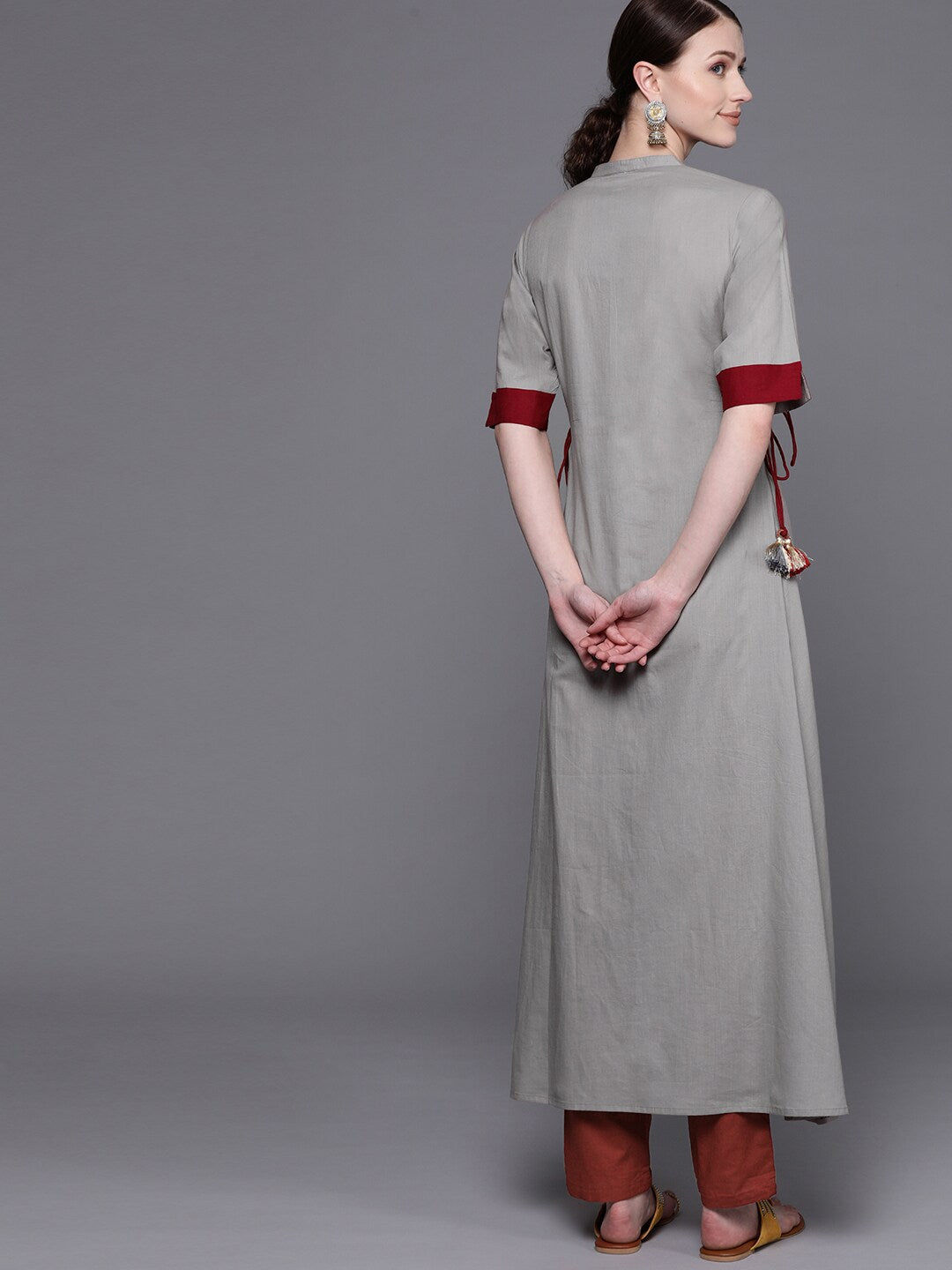 Women's Grey embroidered A-line kurta