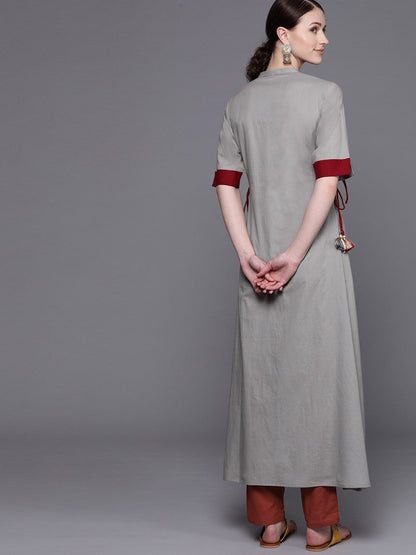 Women's Grey embroidered A-line kurta