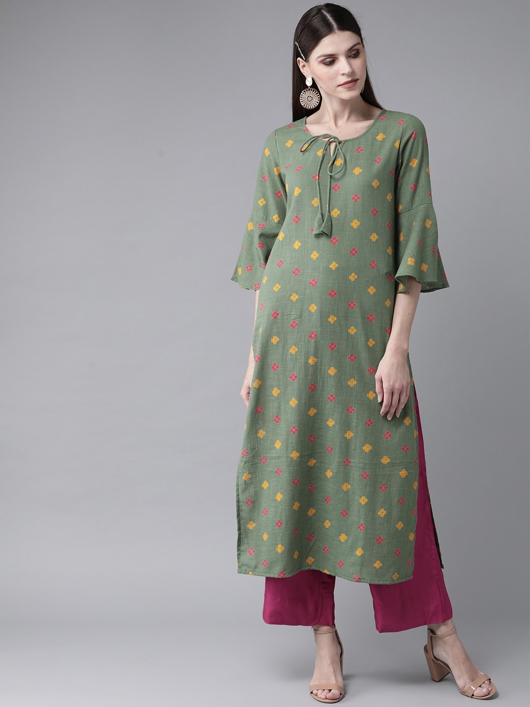 Women's  Green & Yellow Printed Straight Kurta