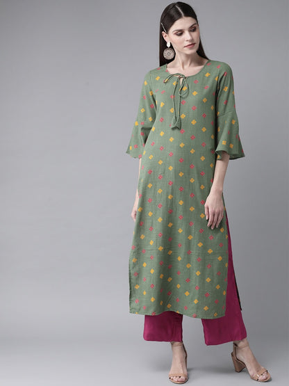 Women's  Green & Yellow Printed Straight Kurta